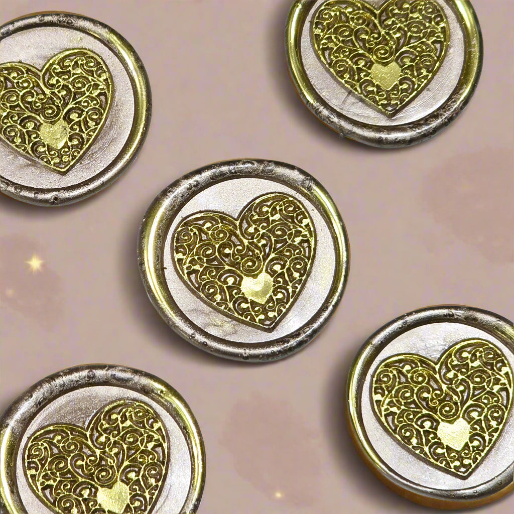 Wax seals taupe & gold heart set of five, with adhesive backing for cards, letters and gifts