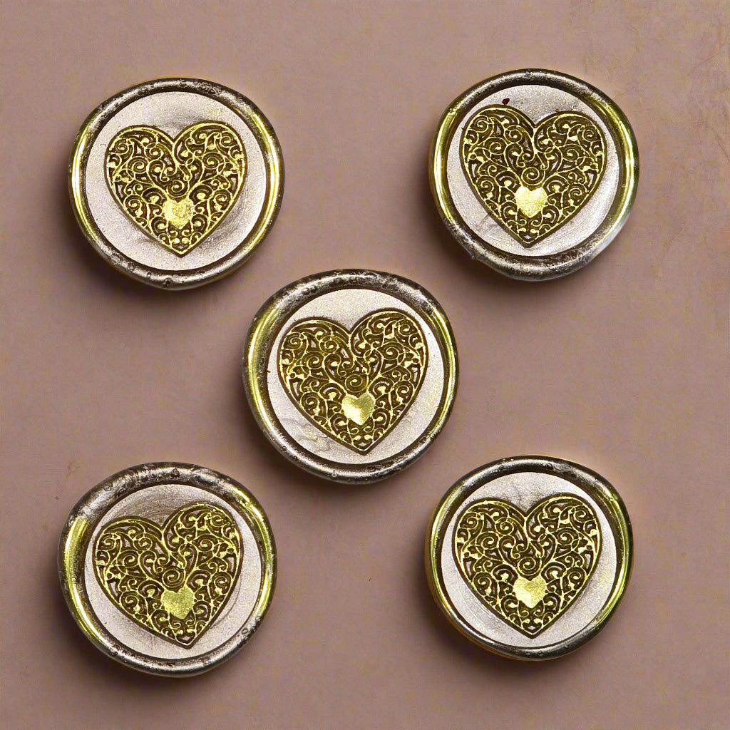 Wax seals taupe & gold heart set of five, with adhesive backing for cards, letters and gifts