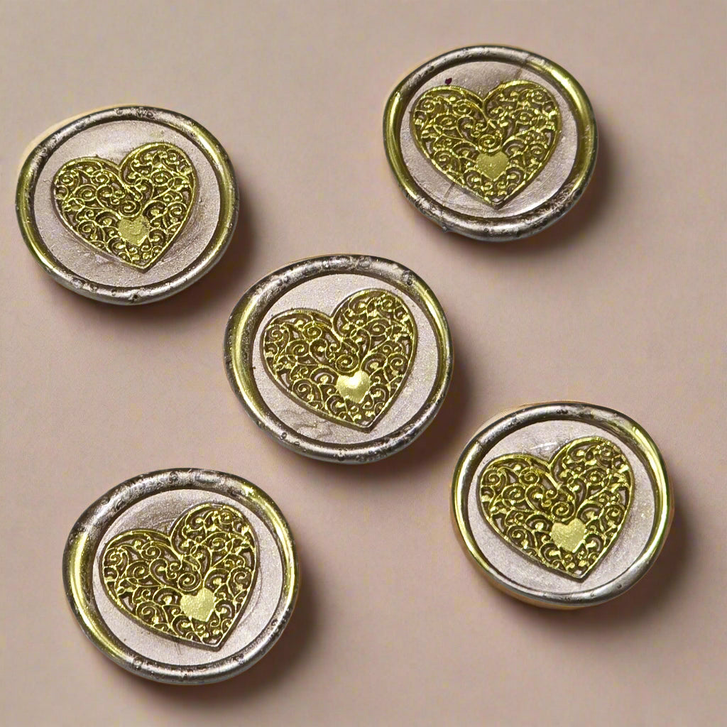 Wax seals taupe & gold heart set of five, with adhesive backing for cards, letters and gifts
