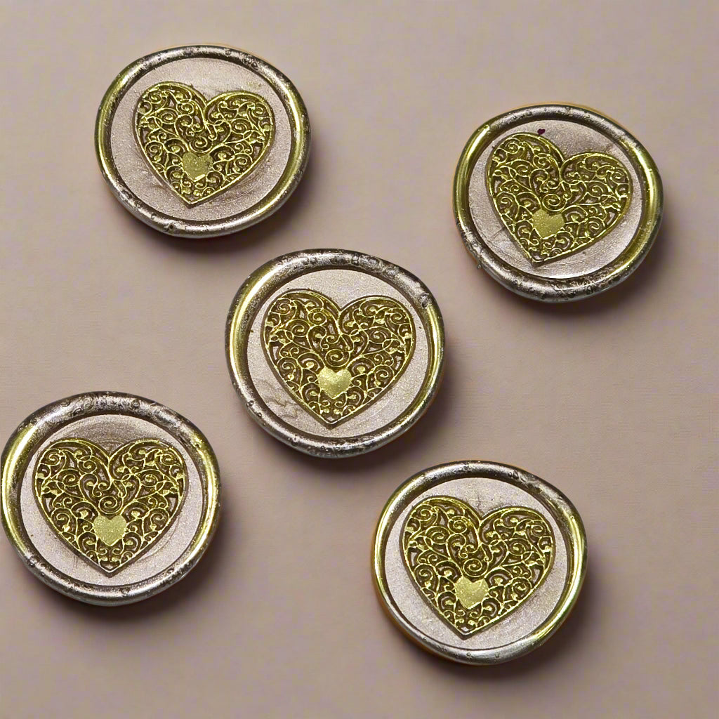 Wax seals taupe & gold heart set of five, with adhesive backing for cards, letters and gifts