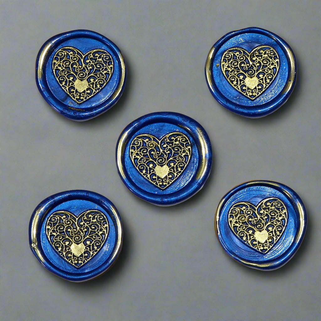 Wax seals blue & gold heart set of five, with adhesive backing for cards, letters and gifts
