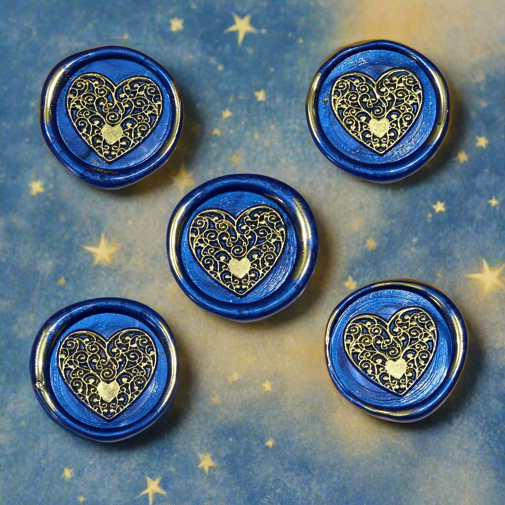 Wax seals blue & gold heart set of five, with adhesive backing for cards, letters and gifts