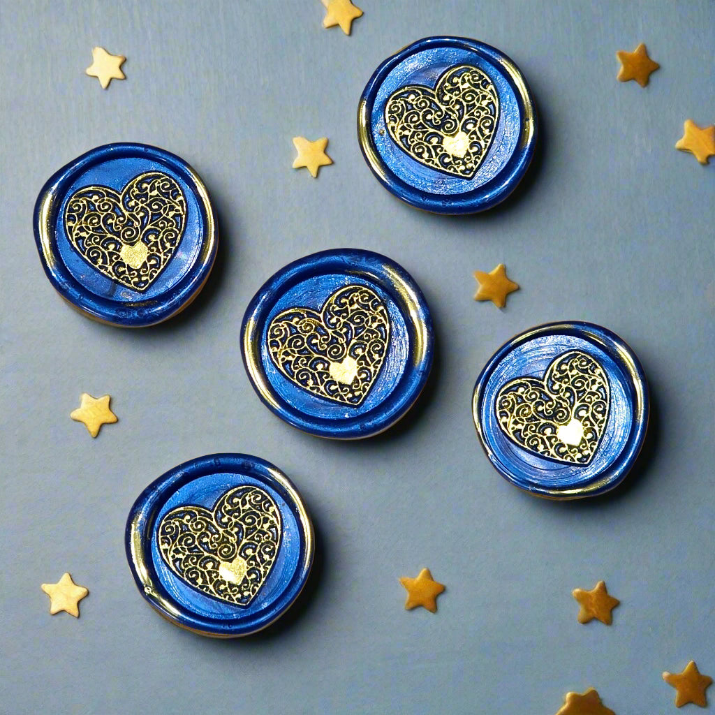 Wax seals blue & gold heart set of five, with adhesive backing for cards, letters and gifts