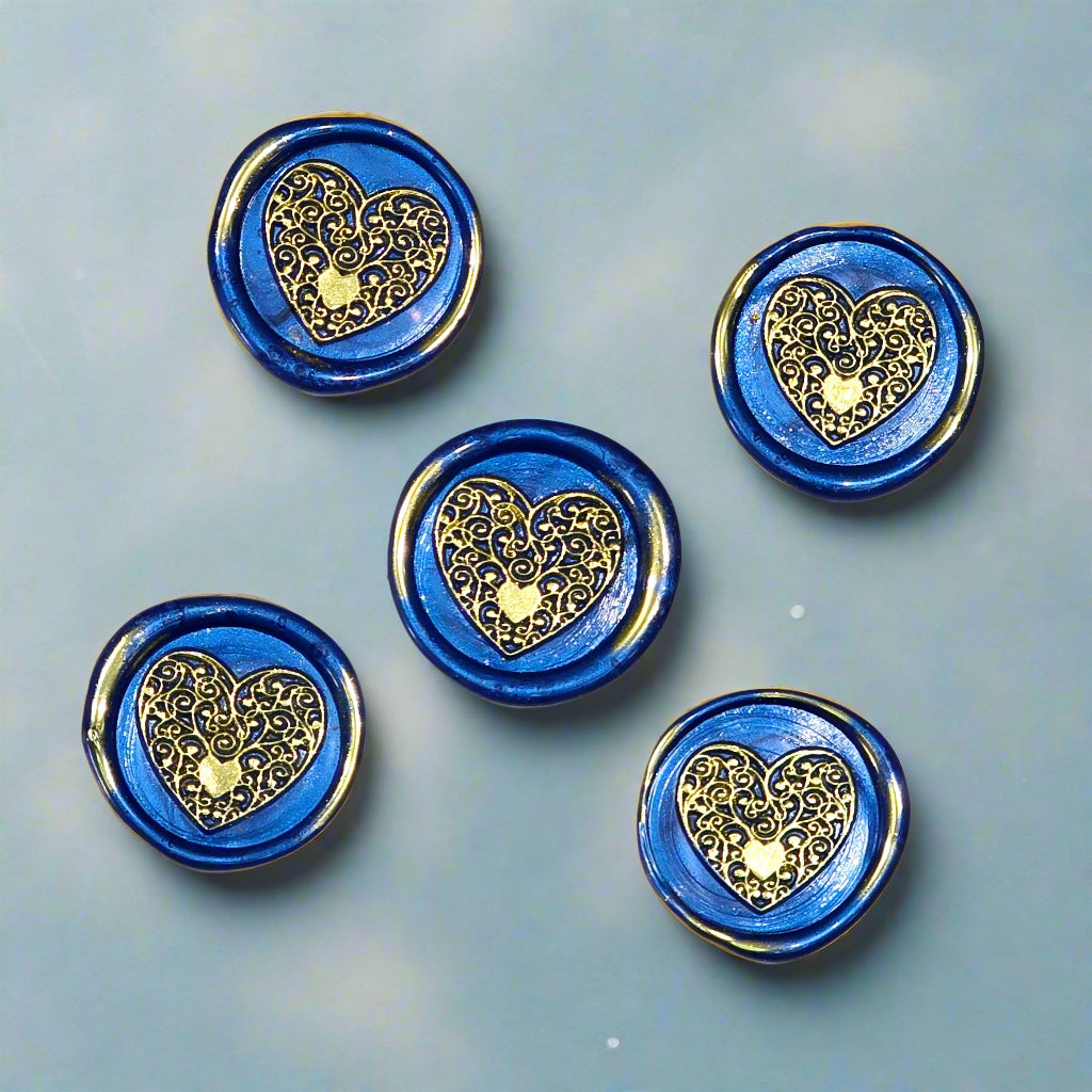 Wax seals blue & gold heart set of five, with adhesive backing for cards, letters and gifts
