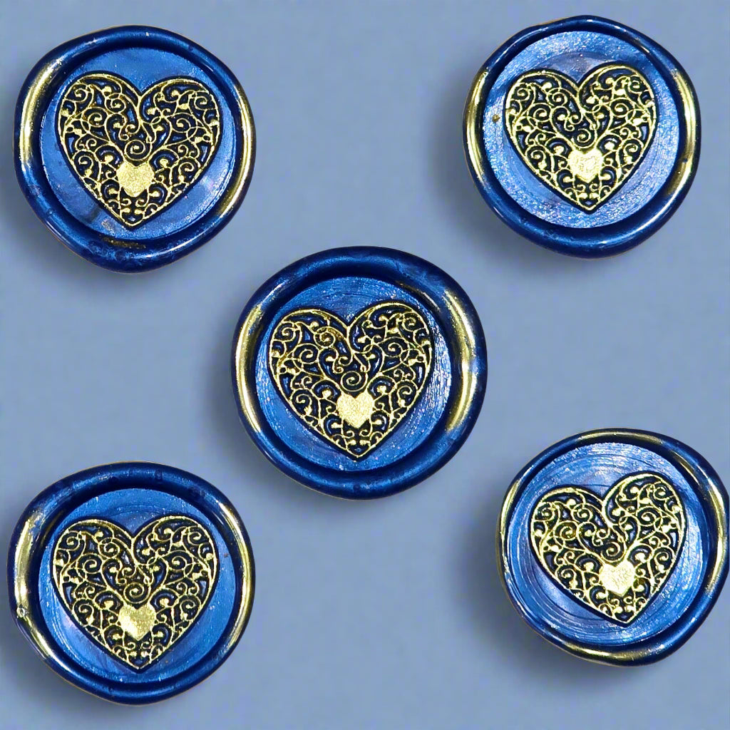 Wax seals blue & gold heart set of five, with adhesive backing for cards, letters and gifts