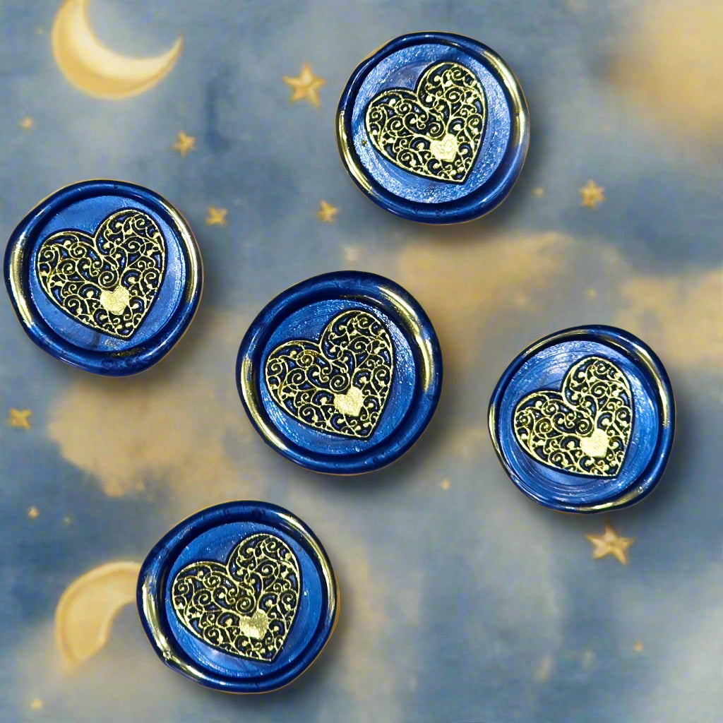 Wax seals blue & gold heart set of five, with adhesive backing for cards, letters and gifts