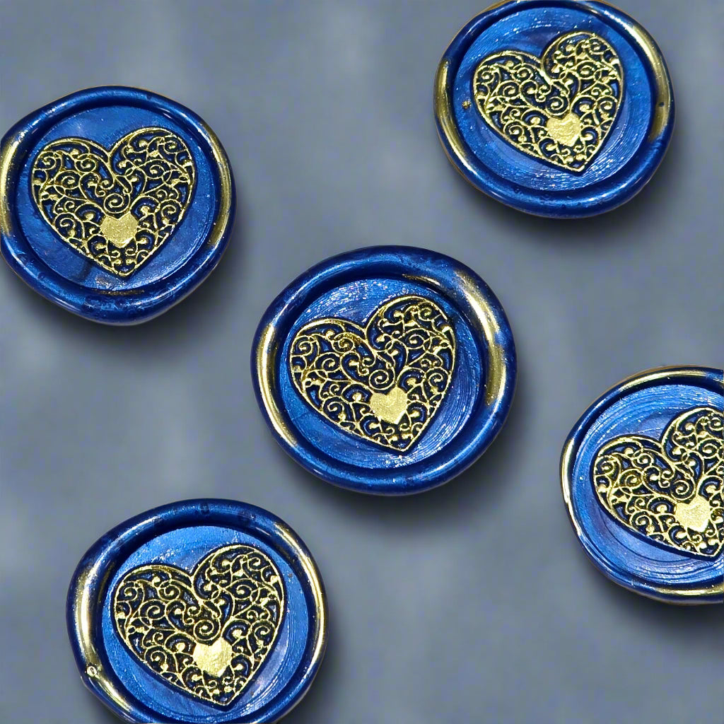 Wax seals blue & gold heart set of five, with adhesive backing for cards, letters and gifts