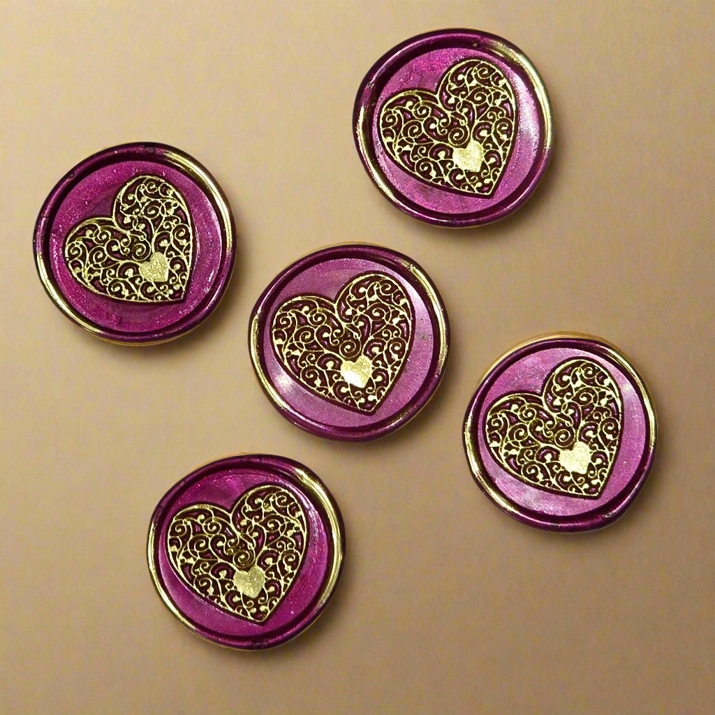 Wax seals mulberry red & gold heart set of five, with adhesive backing for cards, letters and gifts