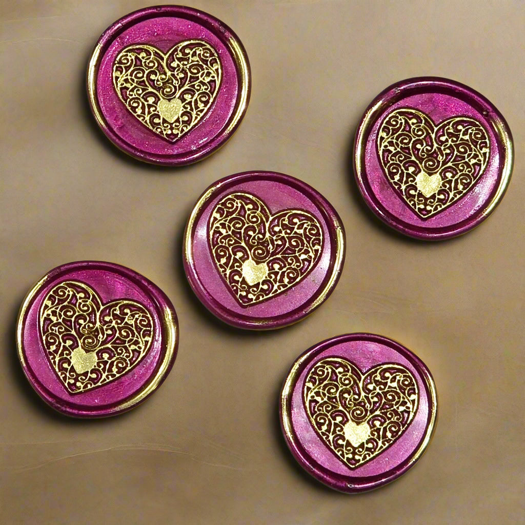 Wax seals mulberry red & gold heart set of five, with adhesive backing for cards, letters and gifts