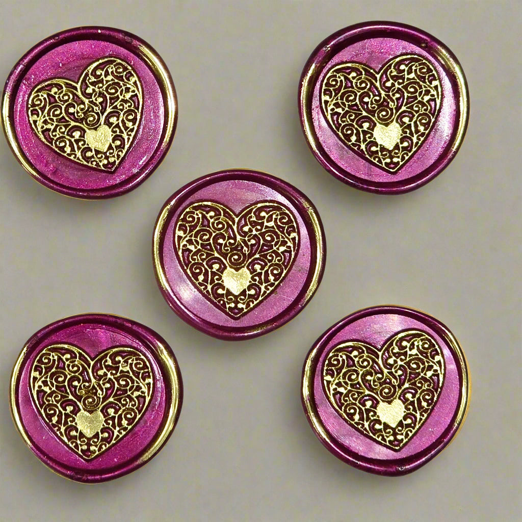 Wax seals mulberry red & gold heart set of five, with adhesive backing for cards, letters and gifts