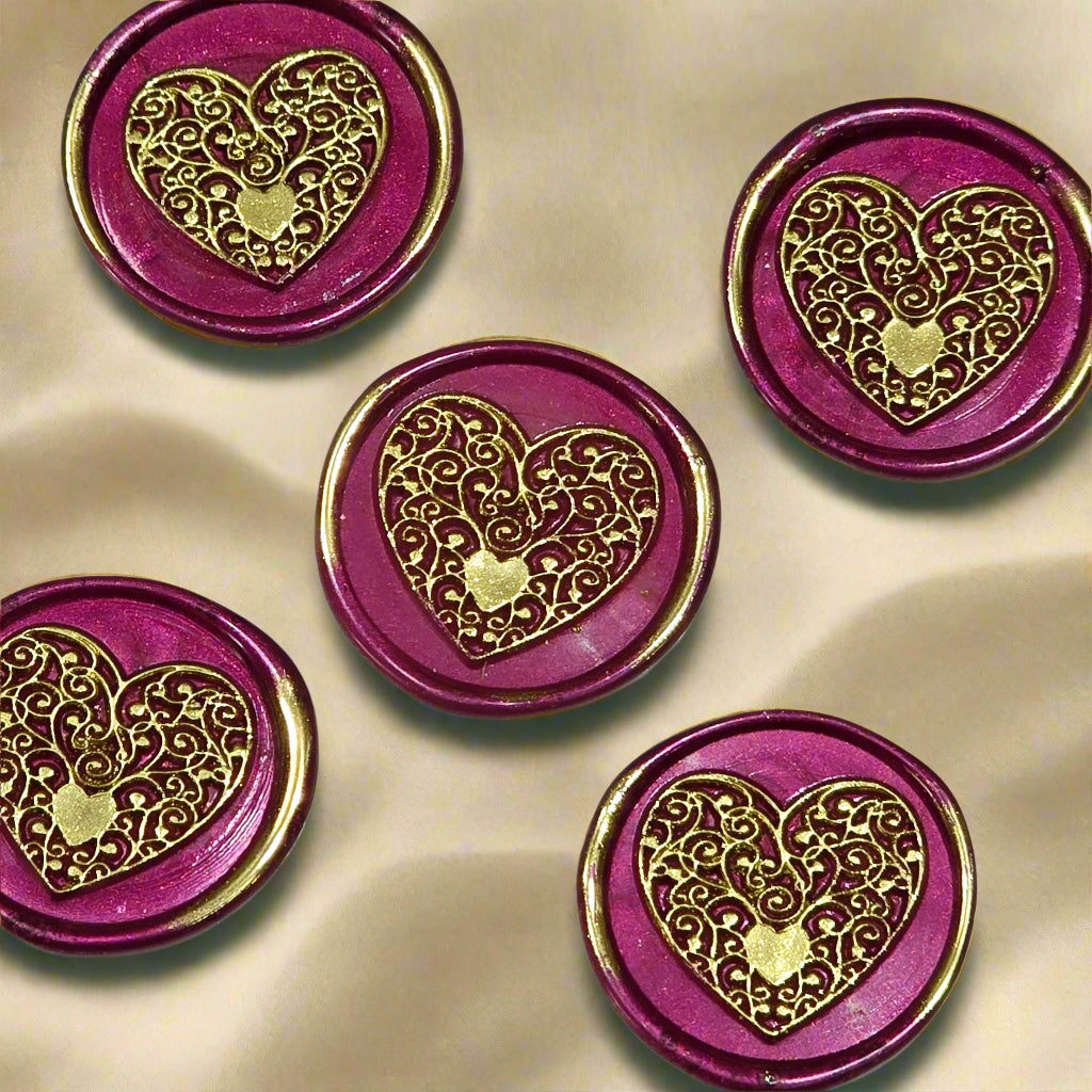 Wax seals mulberry red & gold heart set of five, with adhesive backing for cards, letters and gifts