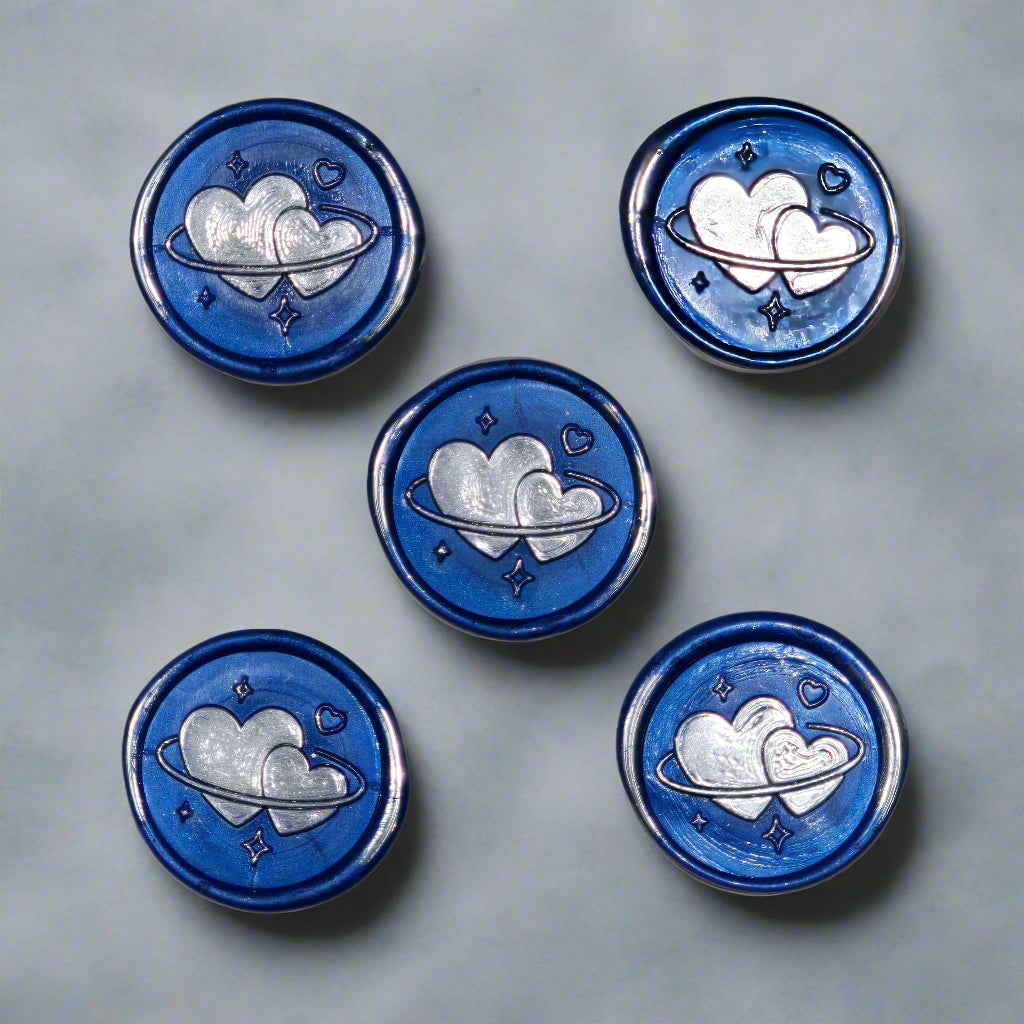 Wax Seals Blue & Silver Hearts Set of Five, with Adhesive Wax Seals for Cards, Invitations and Gifts