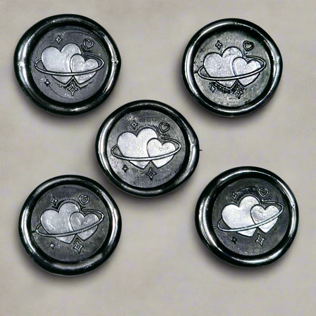 Wax Seals Black & Silver Hearts Set of Five, with Adhesive Wax Seals for Cards, Invitations and Gifts