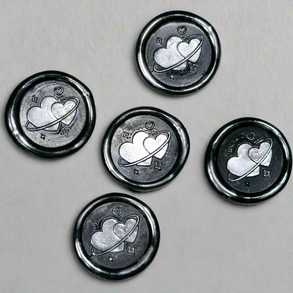 Wax Seals Black & Silver Hearts Set of Five, with Adhesive Wax Seals for Cards, Invitations and Gifts