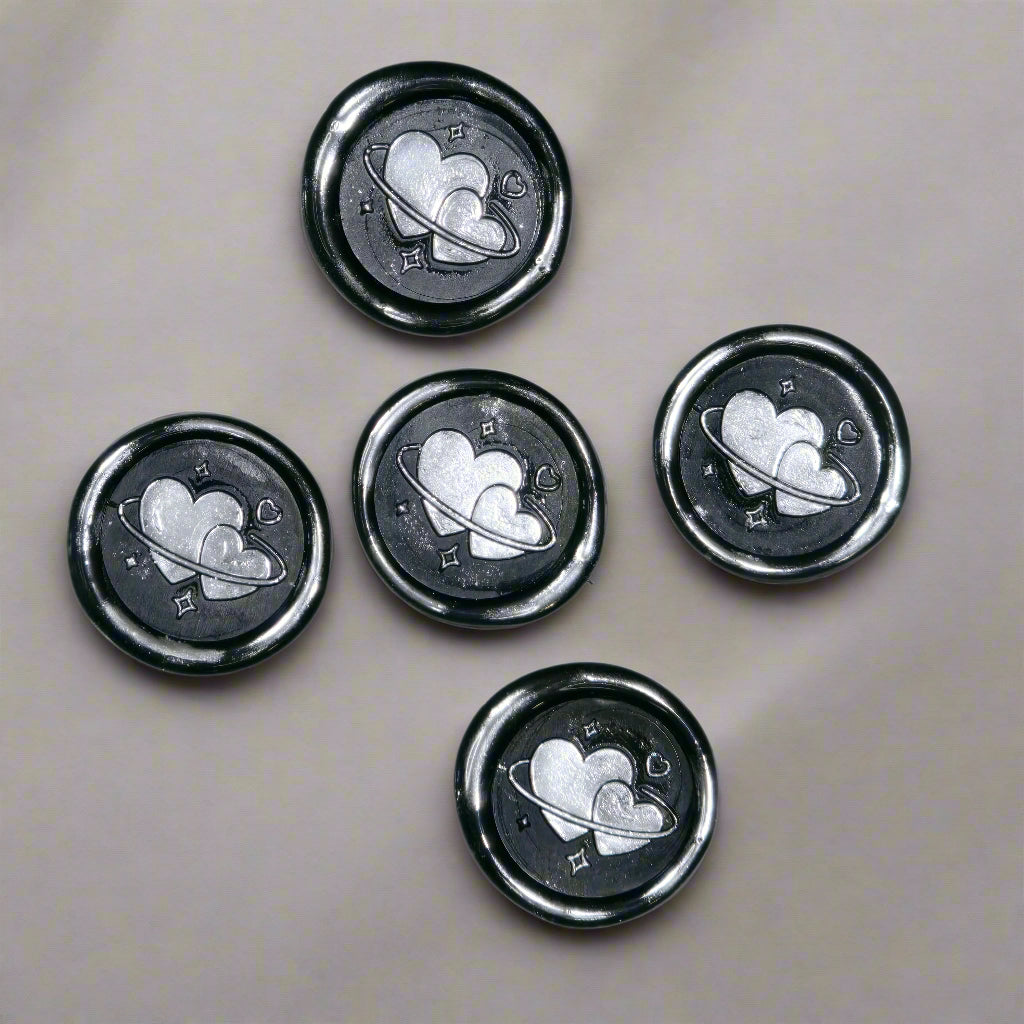 Wax Seals Black & Silver Hearts Set of Five, with Adhesive Wax Seals for Cards, Invitations and Gifts
