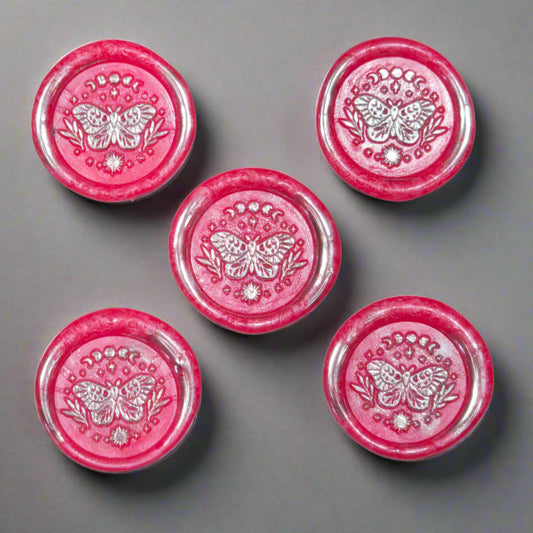 Wax Seals Bright Pink & Silver Butterfly, Set of Five, with Adhesive Wax Seals for Cards, Invitations and Gifts