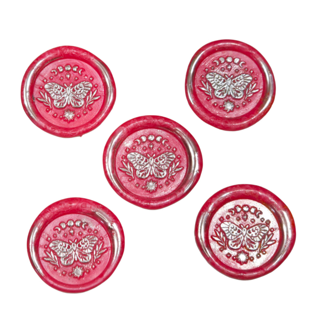 Wax Seals Bright Pink & Silver Butterfly, Set of Five, with Adhesive Wax Seals for Cards, Invitations and Gifts