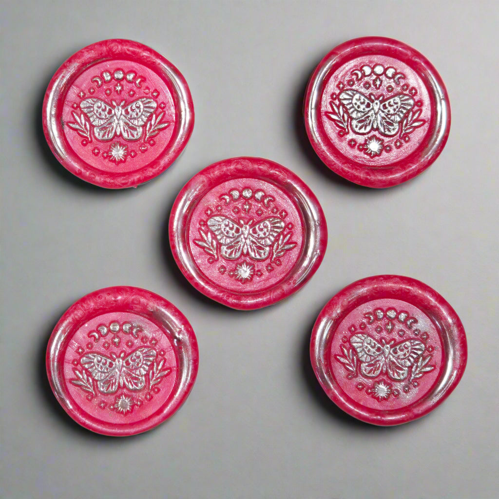 Wax Seals Bright Pink & Silver Butterfly, Set of Five, with Adhesive Wax Seals for Cards, Invitations and Gifts