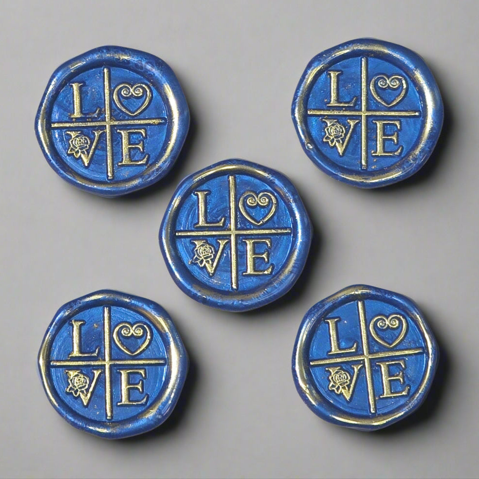 LOVE Wax Seals in Blue & Gold with Adhesive Wax Seals to seal Invitations, Cards and more!