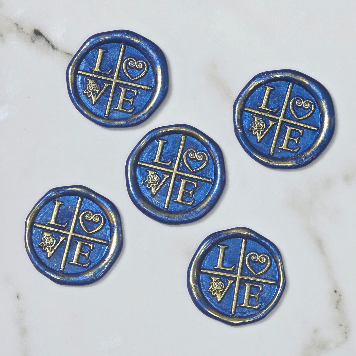 LOVE Wax Seals in Blue & Gold with Adhesive Wax Seals to seal Invitations, Cards and more!