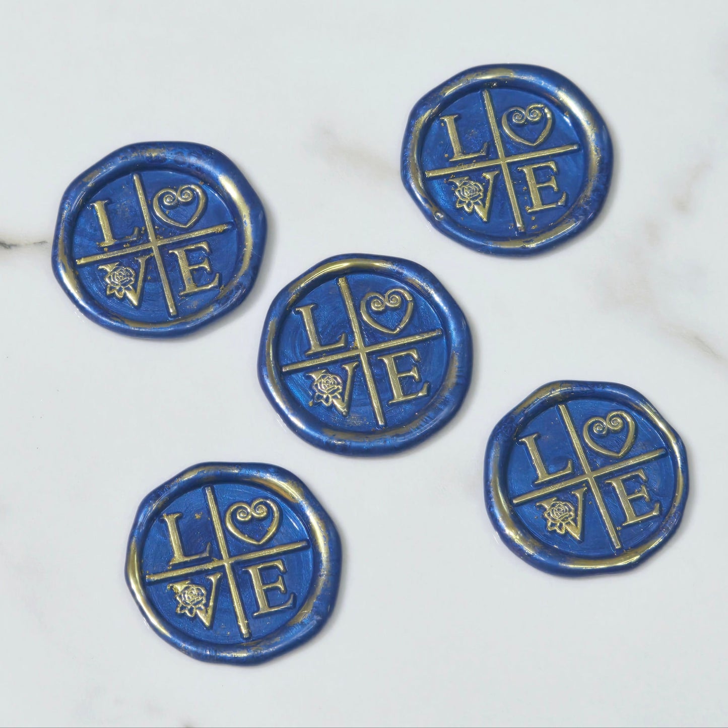 LOVE Wax Seals in Blue & Gold with Adhesive Wax Seals to seal Invitations, Cards and more!