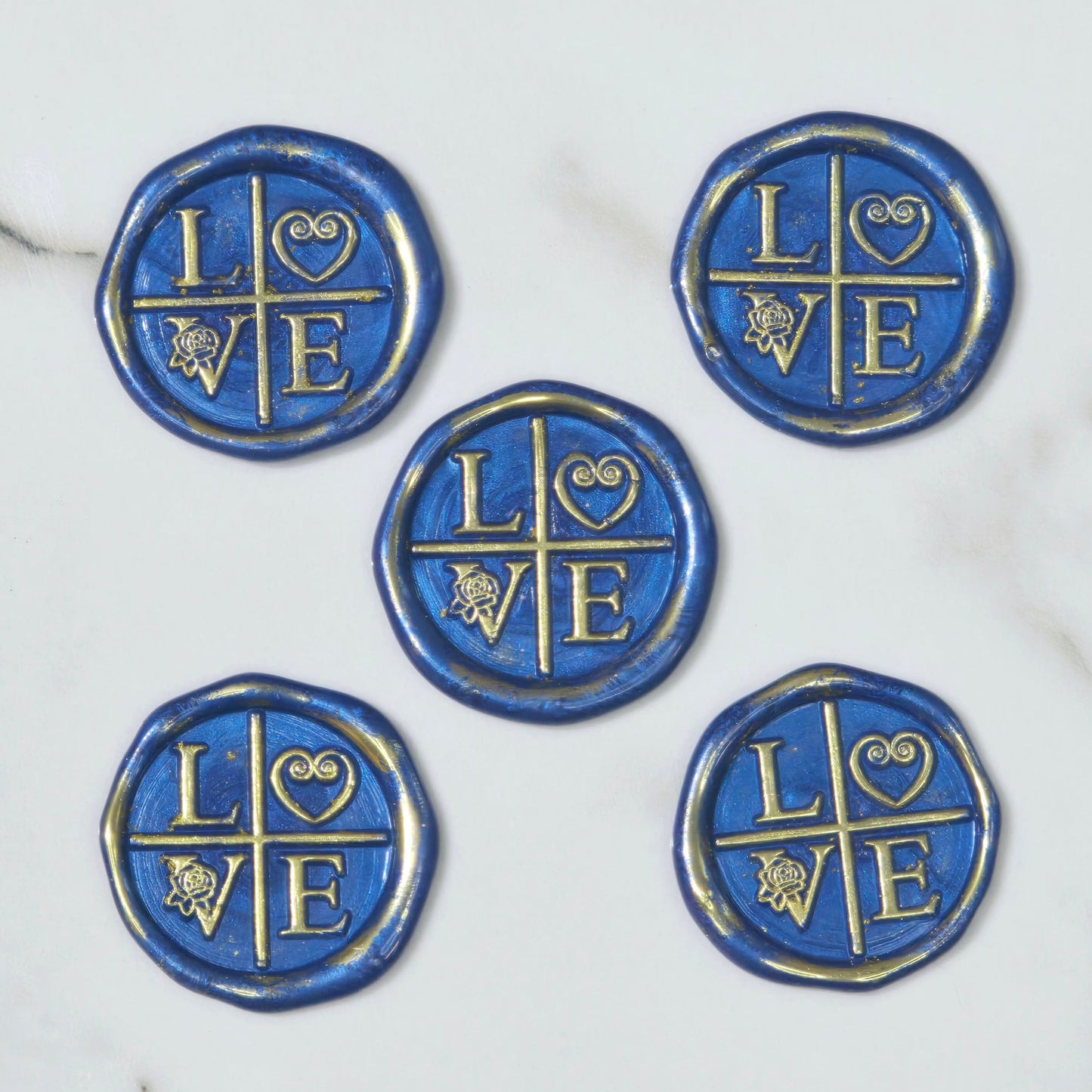 LOVE Wax Seals in Blue & Gold with Adhesive Wax Seals to seal Invitations, Cards and more!