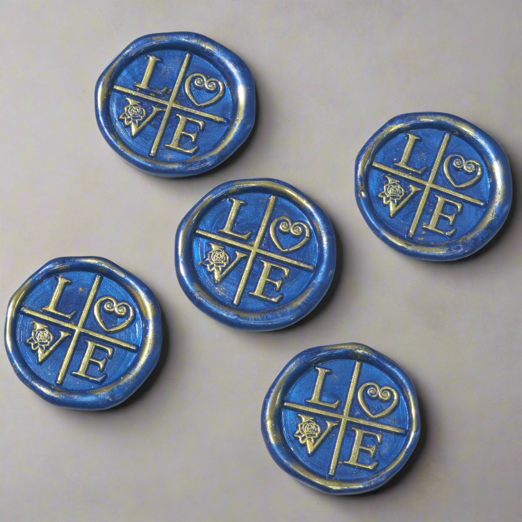 LOVE Wax Seals in Blue & Gold with Adhesive Wax Seals to seal Invitations, Cards and more!