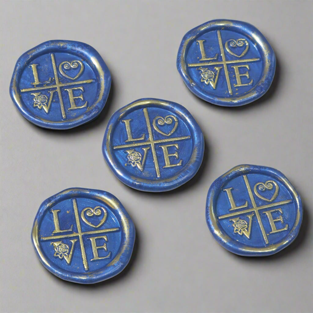 LOVE Wax Seals in Blue & Gold with Adhesive Wax Seals to seal Invitations, Cards and more!