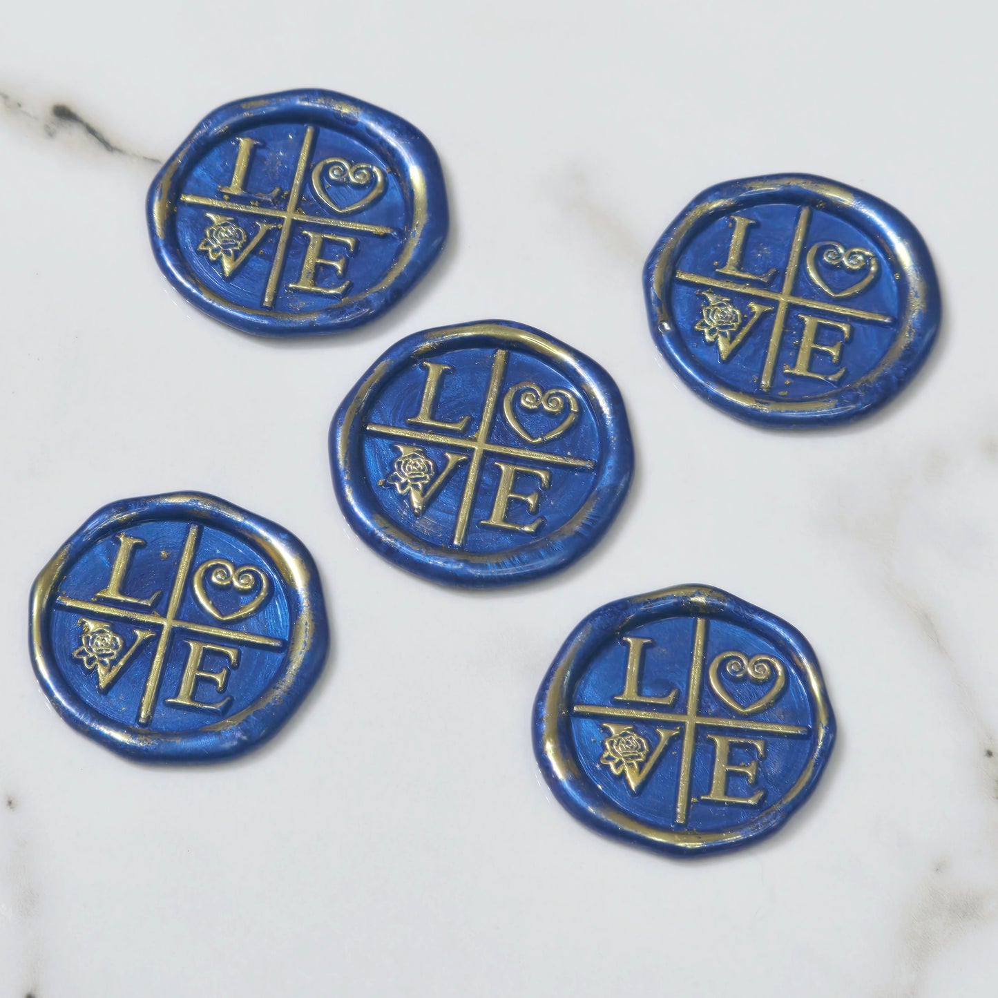 LOVE Wax Seals in Blue & Gold with Adhesive Wax Seals to seal Invitations, Cards and more!