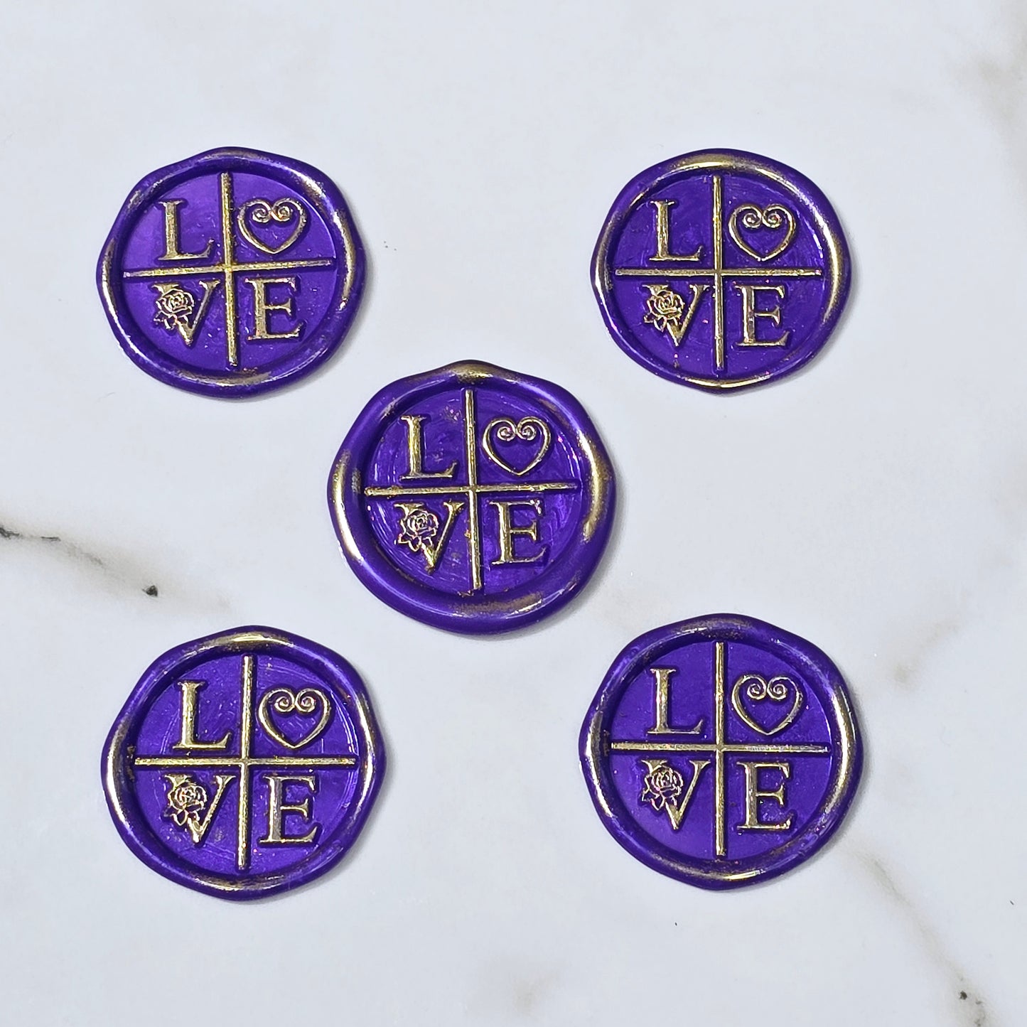 LOVE Wax Seals in Purple & Gold with Adhesive Wax Seals to seal Invitations, Cards and more!