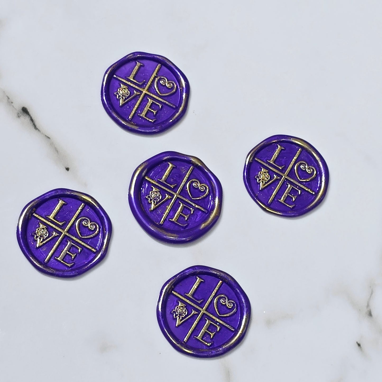 LOVE Wax Seals in Purple & Gold with Adhesive Wax Seals to seal Invitations, Cards and more!
