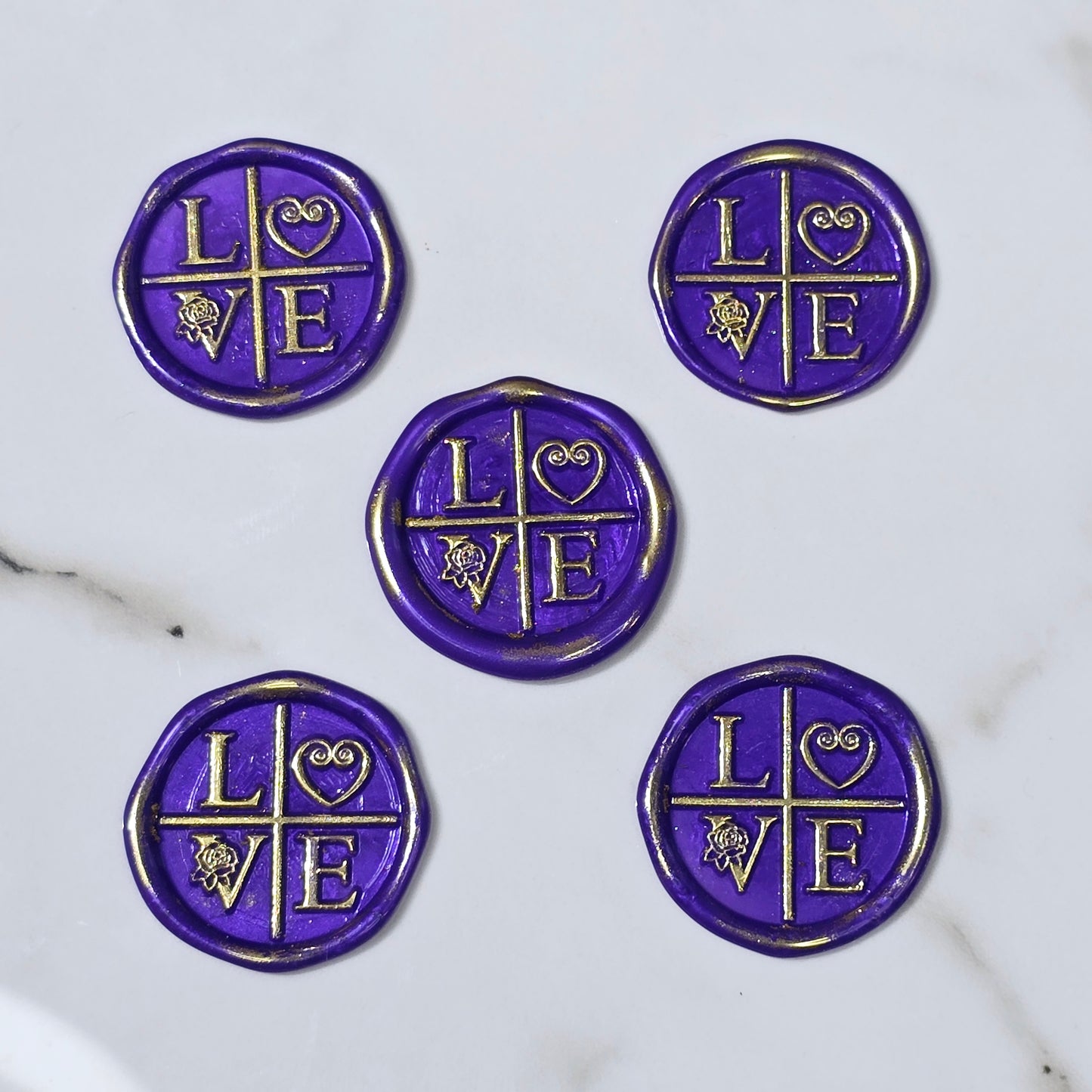 LOVE Wax Seals in Purple & Gold with Adhesive Wax Seals to seal Invitations, Cards and more!
