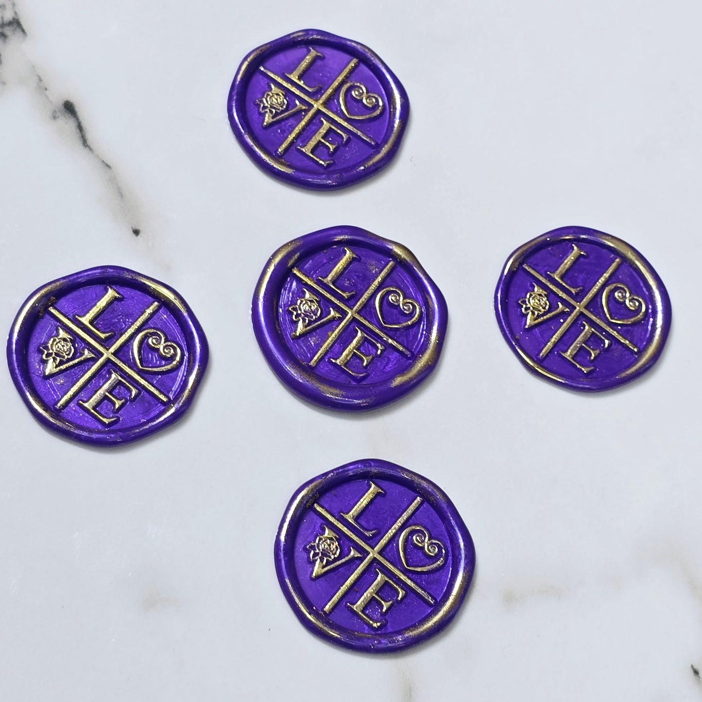 LOVE Wax Seals in Purple & Gold with Adhesive Wax Seals to seal Invitations, Cards and more!