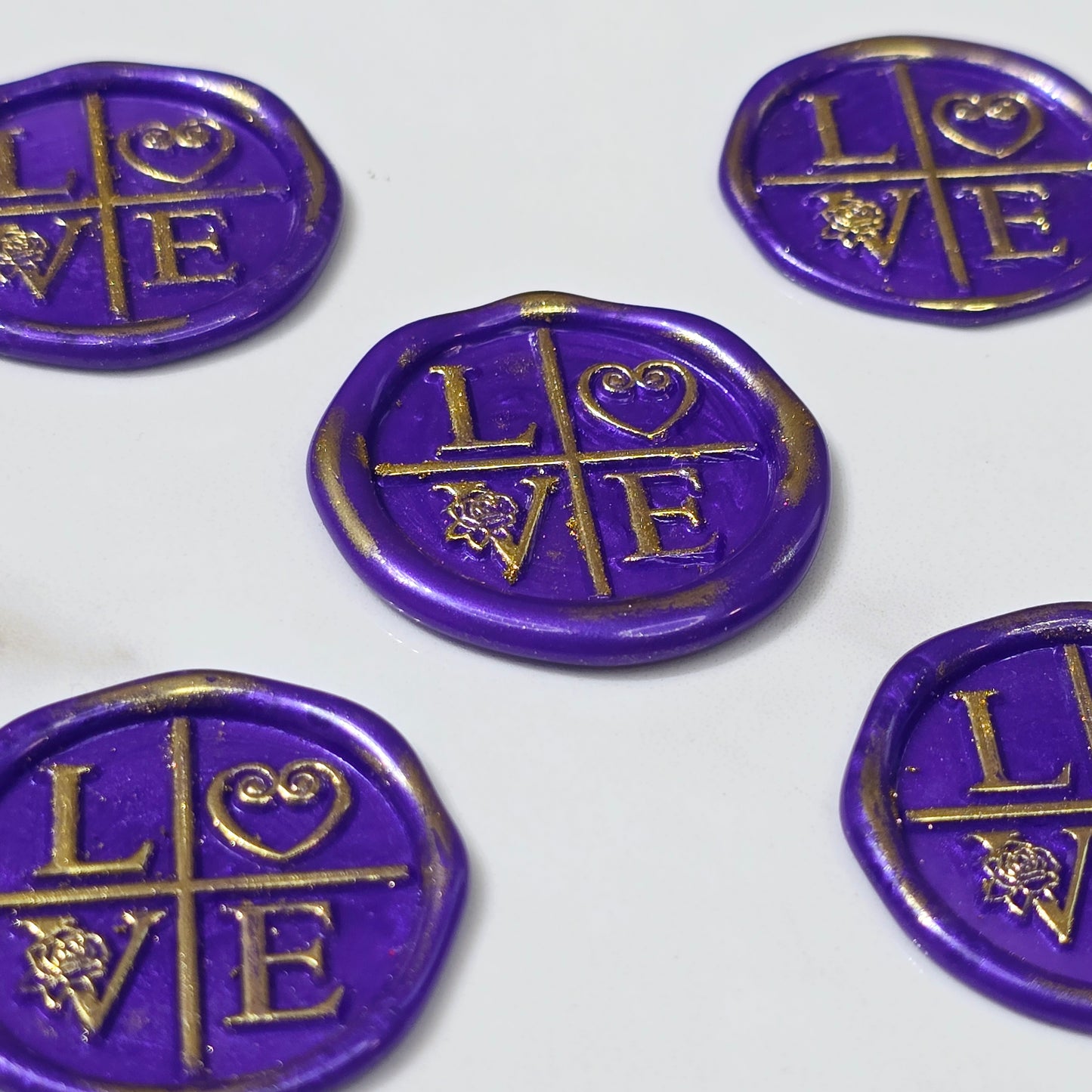LOVE Wax Seals in Purple & Gold with Adhesive Wax Seals to seal Invitations, Cards and more!