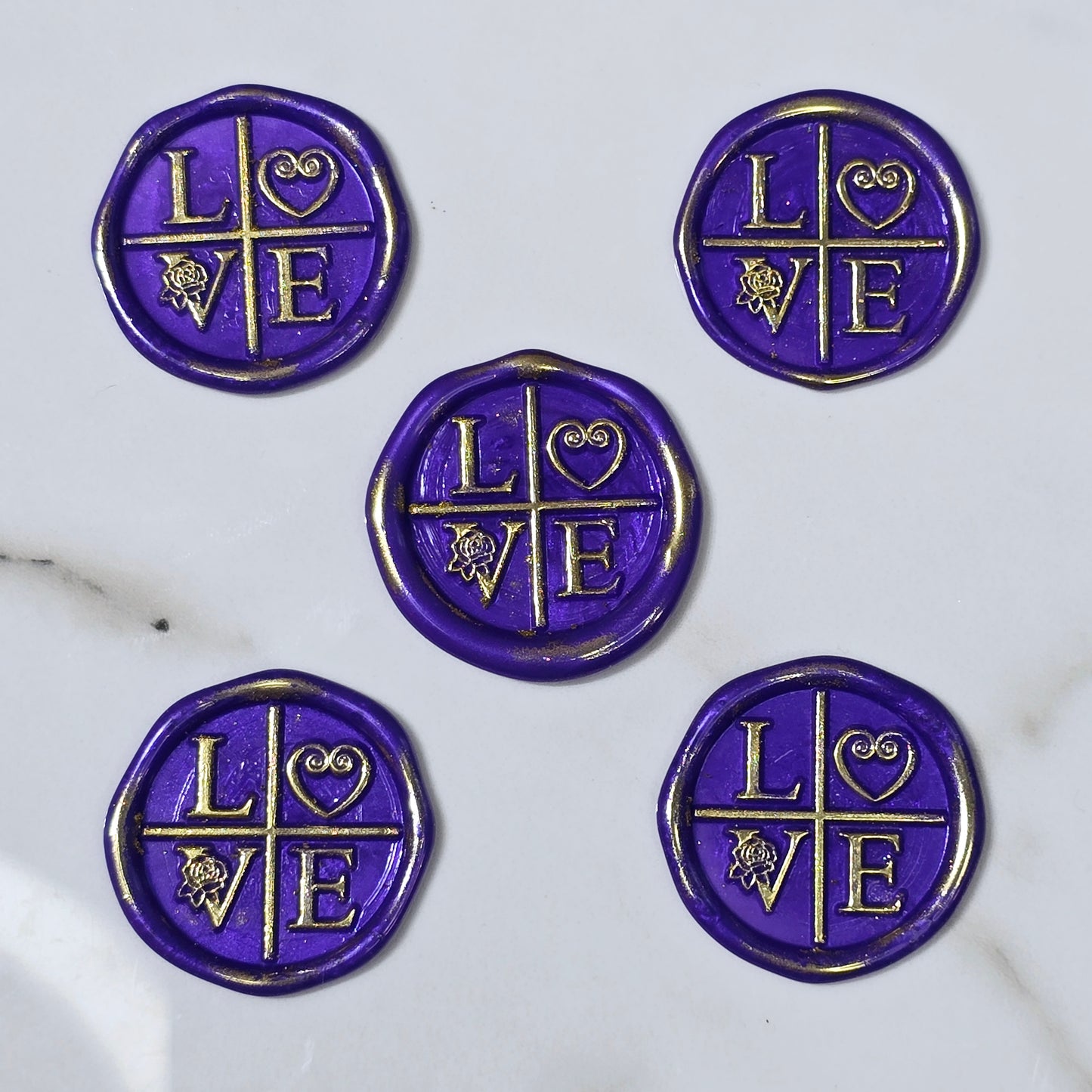 LOVE Wax Seals in Purple & Gold with Adhesive Wax Seals to seal Invitations, Cards and more!