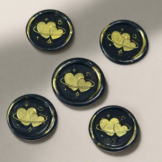 Wax Seals Black & Gold Hearts Set of Five, with Adhesive Wax Seals for Cards, Invitations and Gifts