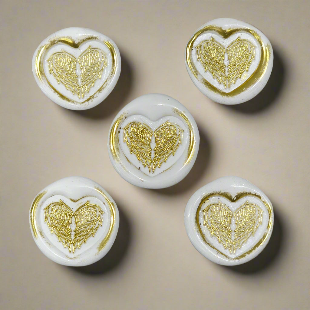 Angel Wings Heart Wax Seals White & Gold Set of Five, with Adhesive Wax Seals for Cards, Invitations and Gifts