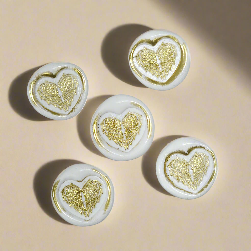 Angel Wings Heart Wax Seals White & Gold Set of Five, with Adhesive Wax Seals for Cards, Invitations and Gifts