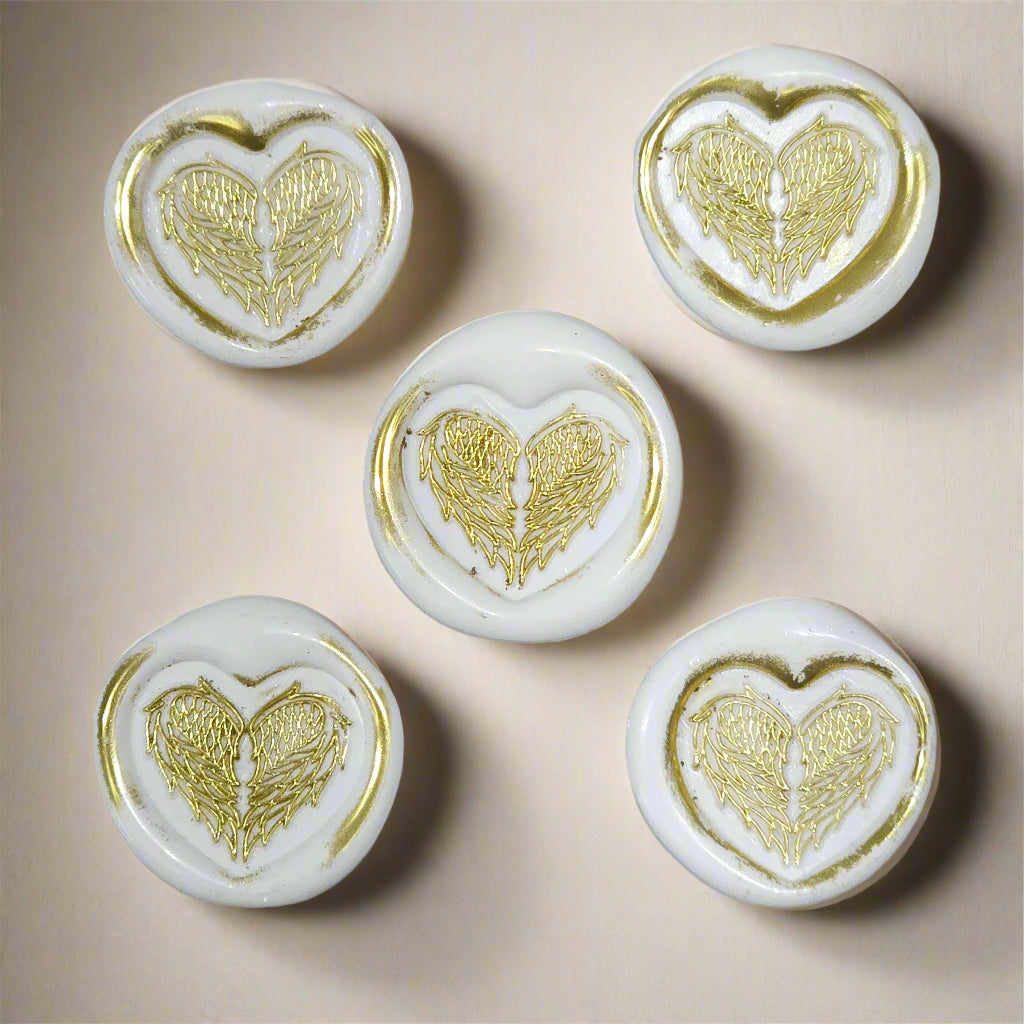 Angel Wings Heart Wax Seals White & Gold Set of Five, with Adhesive Wax Seals for Cards, Invitations and Gifts