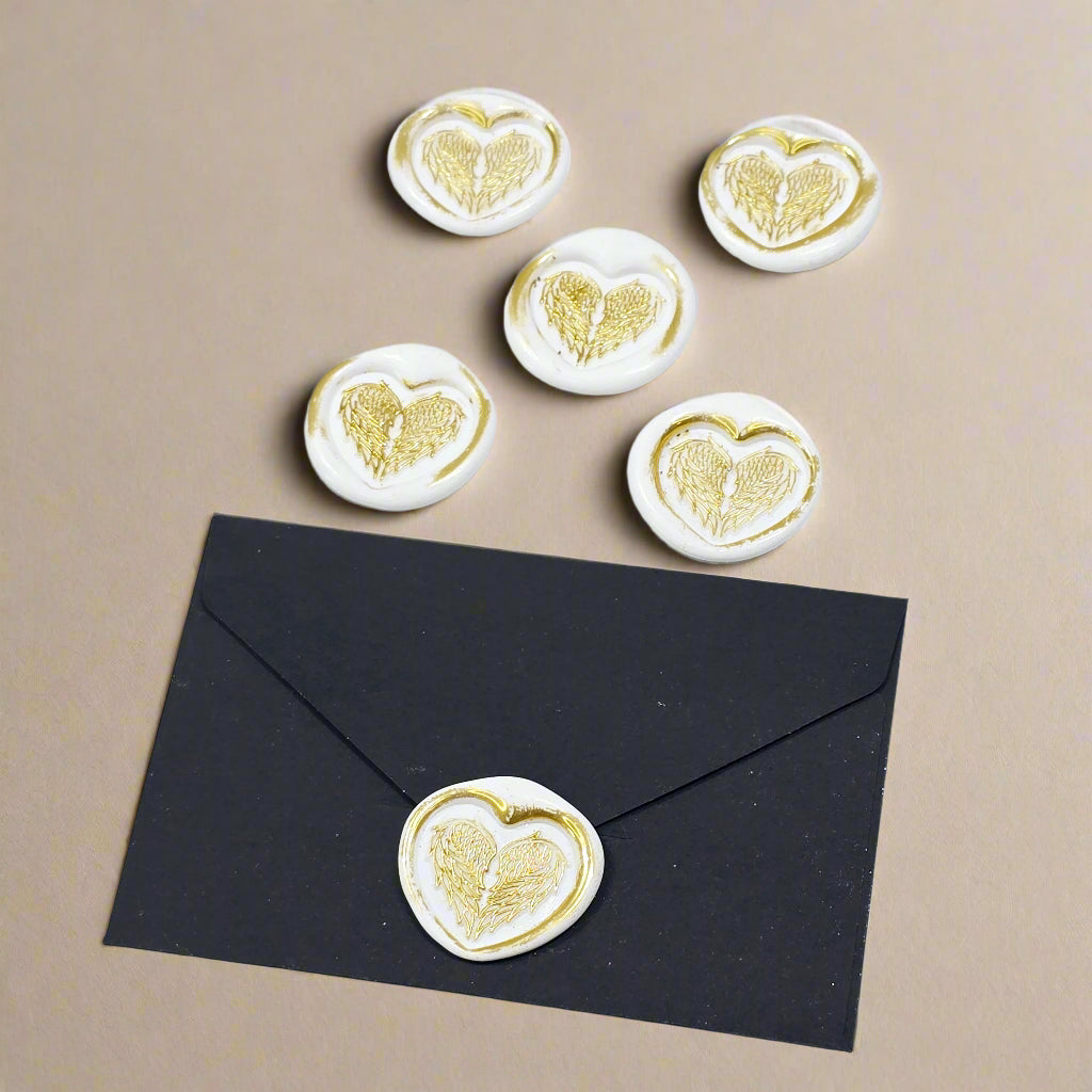 Angel Wings Heart Wax Seals White & Gold Set of Five, with Adhesive Wax Seals for Cards, Invitations and Gifts