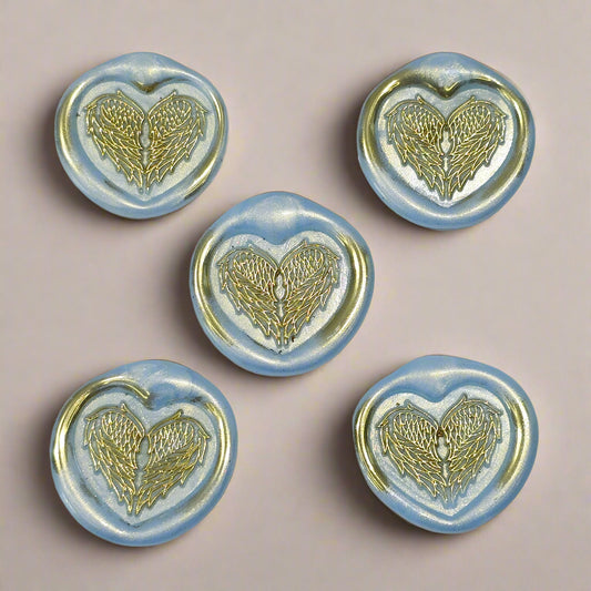 Angel Wings Heart Wax Seals Ice Blue & Gold Set of Five, with Adhesive Wax Seals for Cards, Invitations and Gifts
