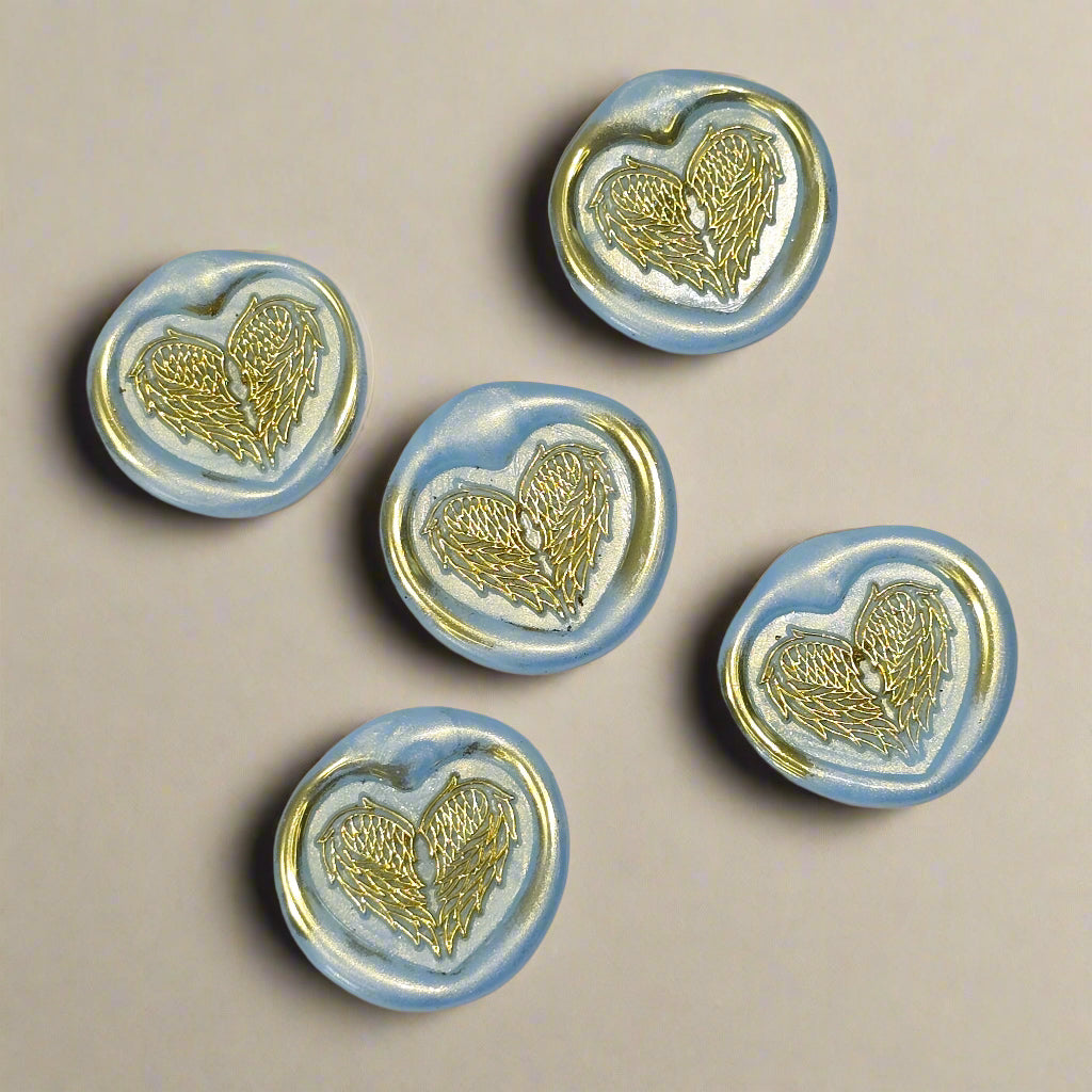 Angel Wings Heart Wax Seals Ice Blue & Gold Set of Five, with Adhesive Wax Seals for Cards, Invitations and Gifts