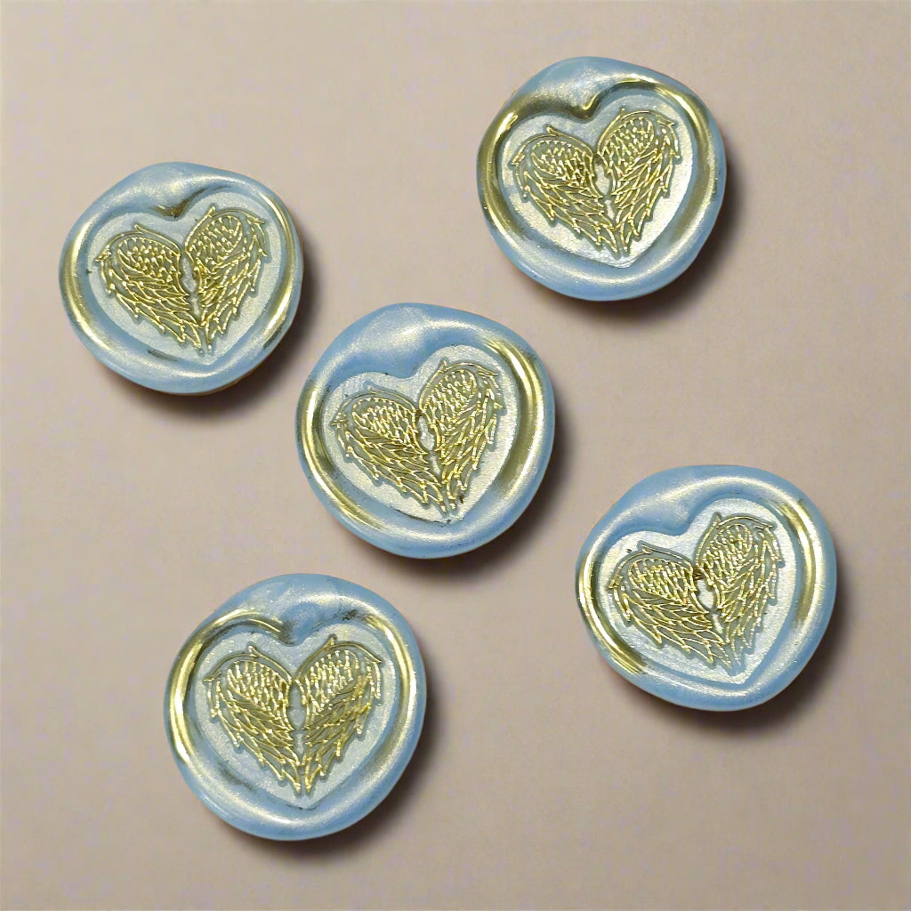 Angel Wings Heart Wax Seals Ice Blue & Gold Set of Five, with Adhesive Wax Seals for Cards, Invitations and Gifts