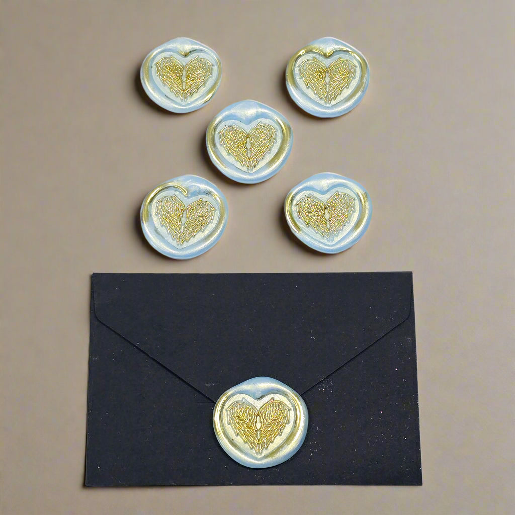 Angel Wings Heart Wax Seals Ice Blue & Gold Set of Five, with Adhesive Wax Seals for Cards, Invitations and Gifts