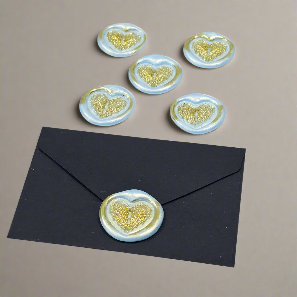 Angel Wings Heart Wax Seals Ice Blue & Gold Set of Five, with Adhesive Wax Seals for Cards, Invitations and Gifts