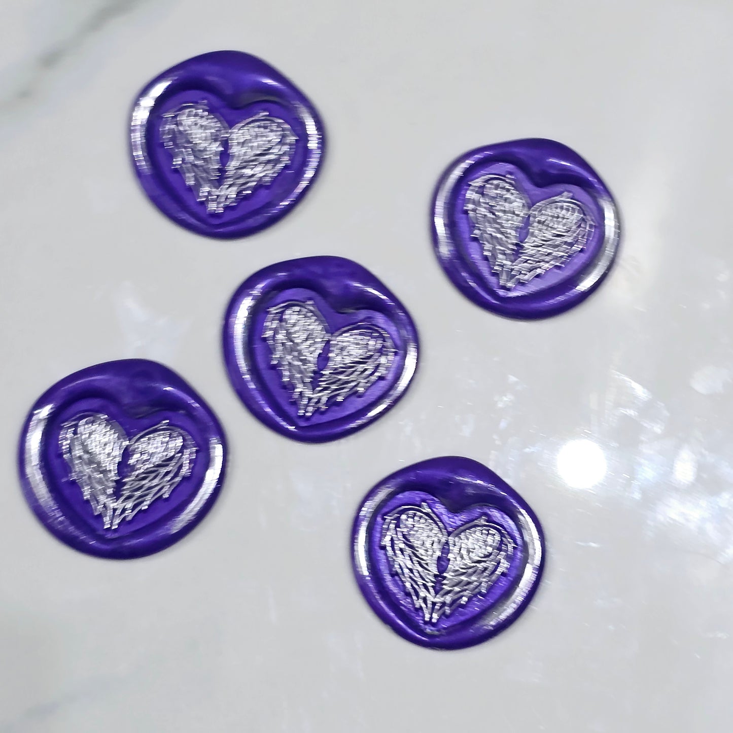 Angel Wings Heart Wax Seals Purple & Silver Set of Five, with Adhesive Wax Seals for Cards, Invitations and Gifts