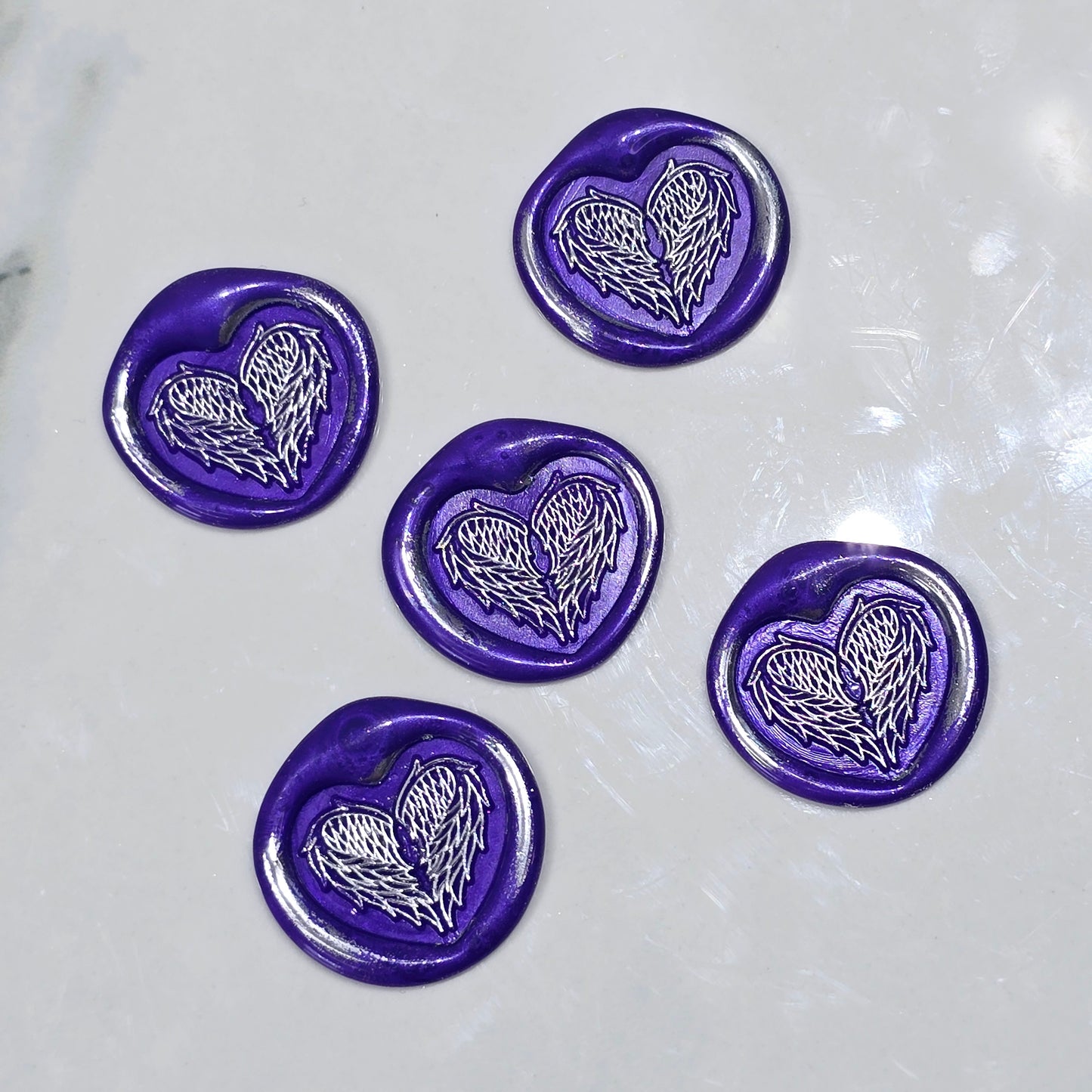 Angel Wings Heart Wax Seals Purple & Silver Set of Five, with Adhesive Wax Seals for Cards, Invitations and Gifts