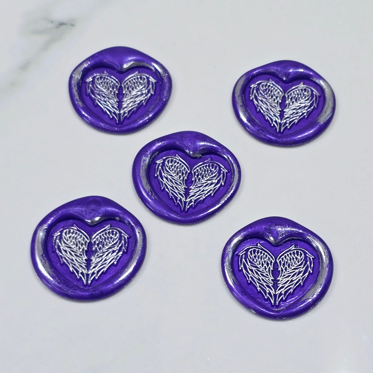 Angel Wings Heart Wax Seals Purple & Silver Set of Five, with Adhesive Wax Seals for Cards, Invitations and Gifts