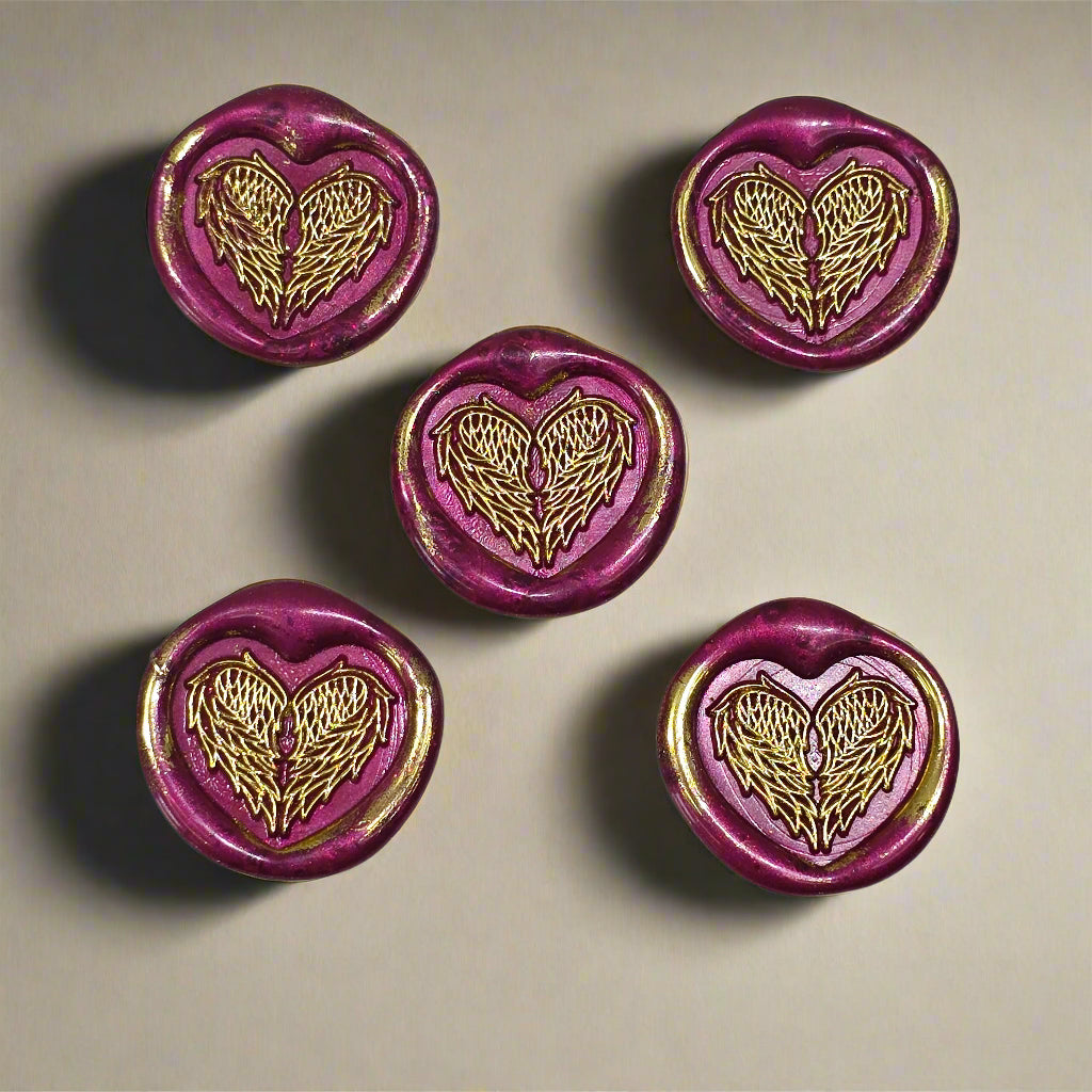Angel Wings Heart Wax Seals Mulberry Red & Gold Set of Five, with Adhesive Wax Seals for Cards, Invitations and Gifts