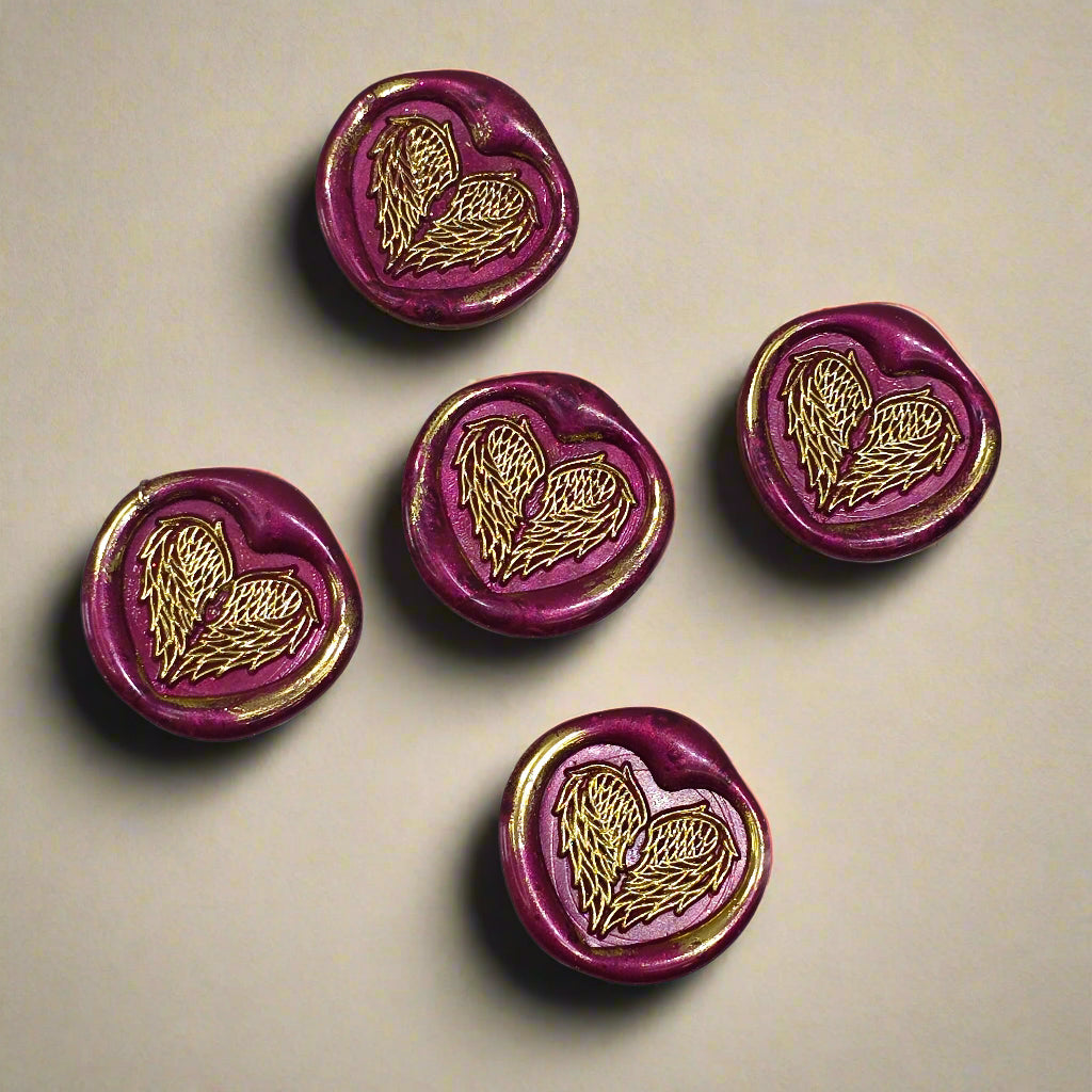 Angel Wings Heart Wax Seals Mulberry Red & Gold Set of Five, with Adhesive Wax Seals for Cards, Invitations and Gifts